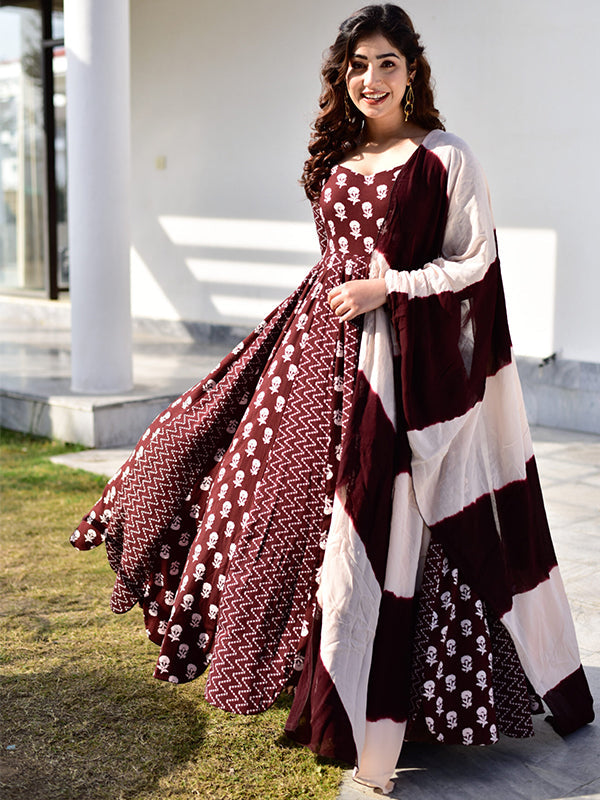Coffee Maroon Anarkali Gown With Dupatta Set