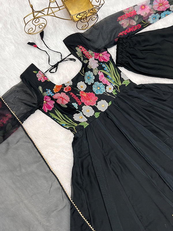 Flower Black Printed Anarkali Gown With Pant & Dupatta Set