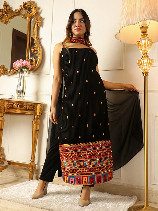 Embellished Black Thread Work Kurta With Trouser & Dupatta